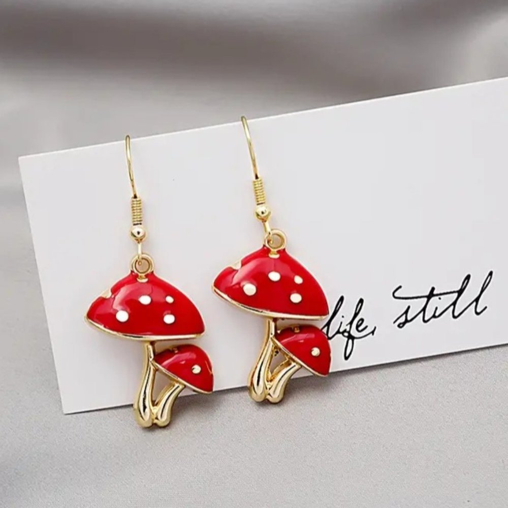NEW Cute Mushroom Drop dangle earrings Red - Picture 2 of 5